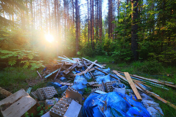 forest garbage dump ecology concept, pollution nature protection of forest from garbage