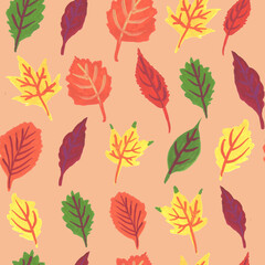 seamless pattern with colorful autumn leaves on beige background