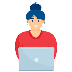 woman working at laptop. The girl works at a laptop. Flat style. Good for image work, office, hiring staff. Vector illustration. Freelance or studying concept. Cute vector illustration in flat style.