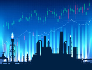 Gas pipeline with blue torches on the background of financial graph.