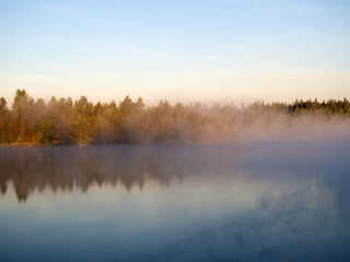 morning fog on a forest lake