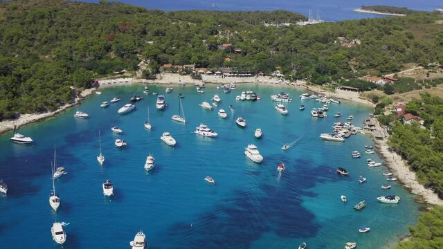 Aerial view of the bay with boats, Paklinski otoci islands in Hvar, Adriatic Sea in Croatia