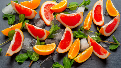 Colorful fresh fruit on white table. Orange and grapefruit with mint and ice . Summer fruit. Flat lay, top view.