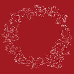 Elegant outline sketching of magnolia flowers, vector illustration, seamless pattern