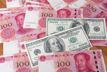 Chinese paper currency Yuan bill background. China or economy of growth world financial business, US trade war concept.