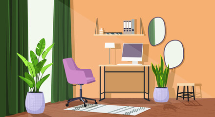 The interior of the room with a purple office chair, a table and a computer is designed in a minimalist style. Vector illustration, cartoon, flat