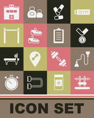 Set Bench with barbel, Chest expander, Medal, Vitamin pill, Sport sneakers, Horizontal, Gym building and training program icon. Vector