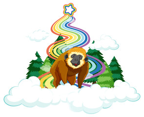 Obraz na płótnie Canvas A gibbon on the cloud with rainbow on white background