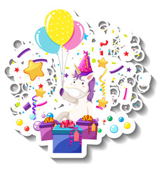 Happy unicorn with gift box and confetti rainbow
