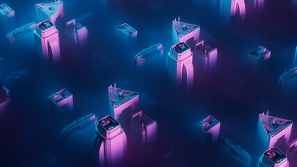 3d render of city skylines in a foggy blue and purple night environment. Bluish cold gamma. Abstract skyscrapers.