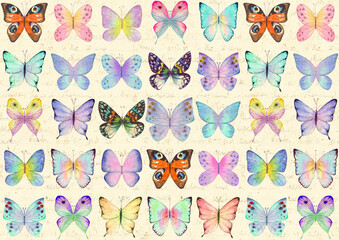 Abstract background in vintage style with old paper and watercolor butterflies