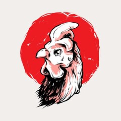 Rooster head illustration with red sun in japanese style