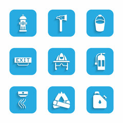 Set Firefighter helmet, Campfire, Canister fuel, extinguisher, Smoke alarm system, exit, bucket and hydrant icon. Vector