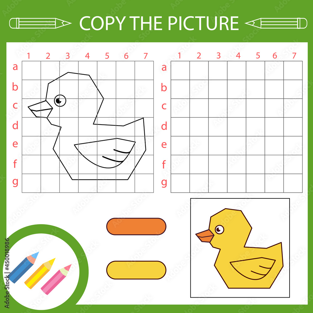 Wall mural kids draw activity game with duck. coloring book and worksheet with education riddles. copy the pict