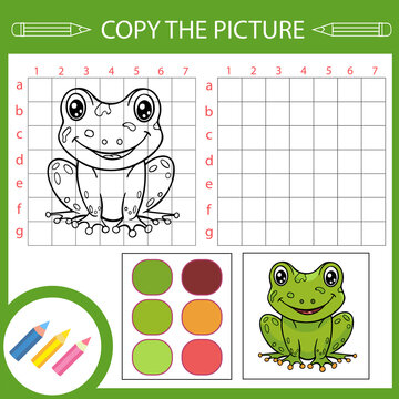 Tutorial how draw a frog. Connect drawing. Copy the picture using grid. Activity page for book. Coloring page. Drawing lessons. Children funny education riddle. Vector illustration.