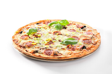 Pizza with Marbled Beef, Ham, Salami and Chorrizo Isolated