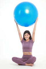 Healthy beautiful Asian woman Put on exercise clothes, play yoga ball. on a white background. weight loss exercise concept