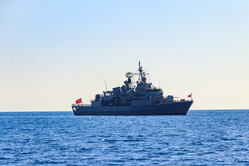 Turkish navy warship sailing in the Mediterranean sea. Protection of water borders of Turkey