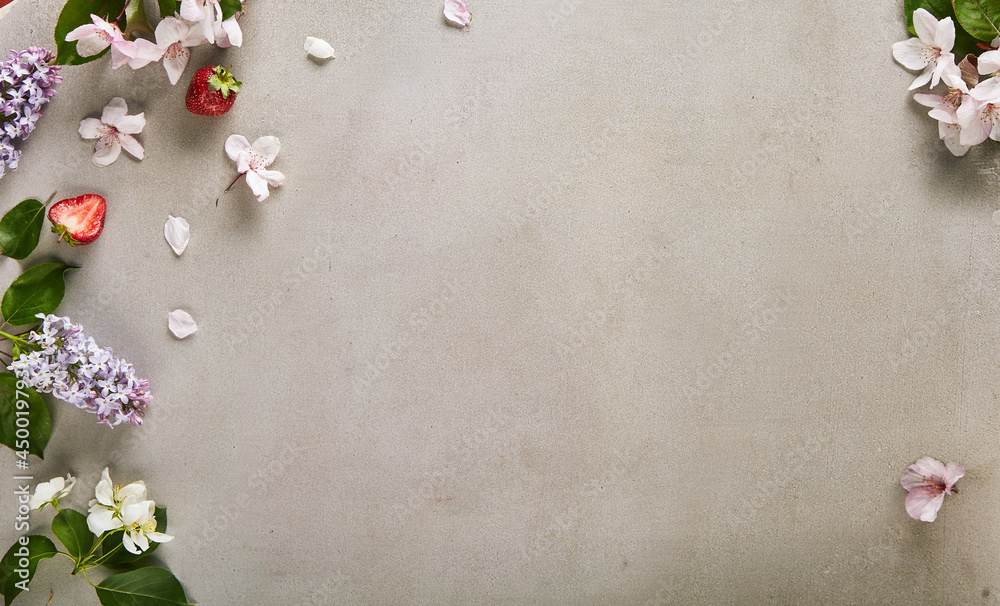 Aufkleber floral background made with spring flower on textured table. lilac and white flower minimal composit