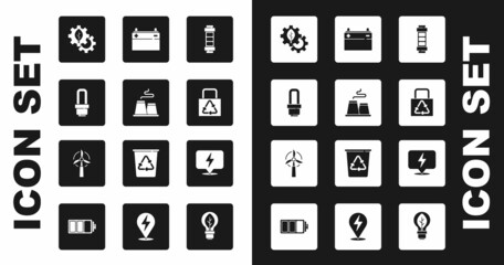 Set Battery, Factory, LED light bulb, Leaf plant in gear machine, Paper bag with recycle, Car battery, Lightning bolt and Wind turbine icon. Vector