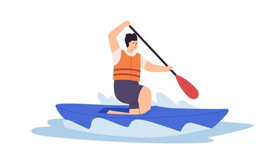 Man riding solo canoe in water, rowing with paddle. Person oaring and swimming on sport boat in river. Sportsman in life jacket in lake. Flat vector illustration isolated on white background