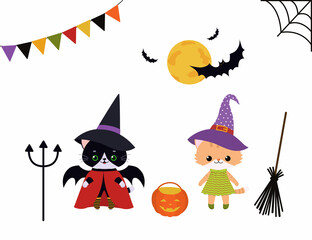 Cute kawaii cats in costume for Halloween. Cartoon flat style. Vector illustration