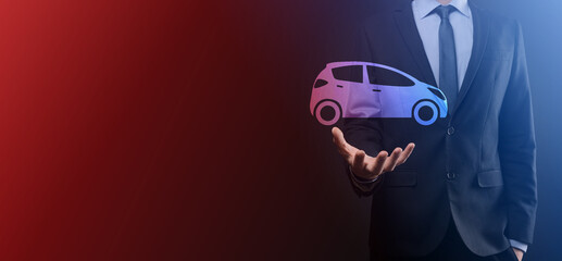 Digital composite of Man holding car icon.Car automobile insurance and car services concept....