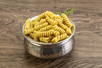Italian pasta Fusilli with pesto