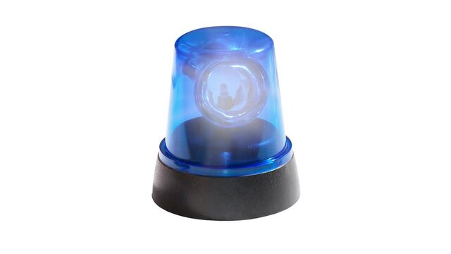 A blue siren alarm with a flashing light is isolated in the white background