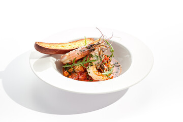 Seafood with tomato sauce on white restaurant plate. Shrimp seafood and tomato stew garnished with fried bread. Isolated on white background.