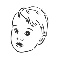 Face of little girl, Hand drawn illustration isolated black lines on white, Vector sketch