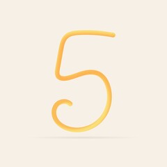 5 number spaghetti design. Vector hand draw realistic food font. Isolated Italian pasta for tasty poster, restaurant identity, gourmet element and more
