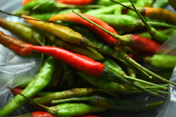 fresh red green chillies in plastic bags