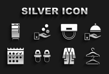 Set Hotel slippers, Covered with tray, Hanger wardrobe, Bathrobe, booking calendar, Bellboy hat, Refrigerator and Paying tips icon. Vector