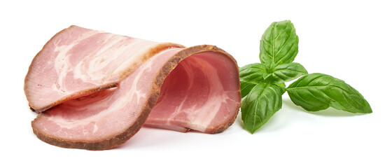 Pork brisket slices, smoked meat, isolated on white background.