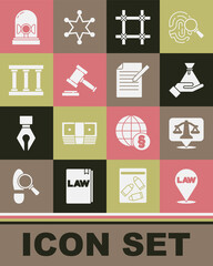 Set Location law, Scales of justice, Bribe money bag, Prison window, Judge gavel, Flasher siren and Document and pen icon. Vector