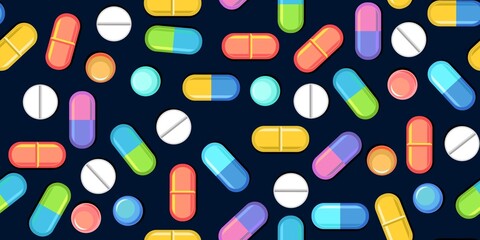 Medicines seamless pattern. Illustration with pills. Concurrency. Medicinal drugs. Pharmaceuticals. Ambulance. Pharmacy. Dark background. Flat design. Vector