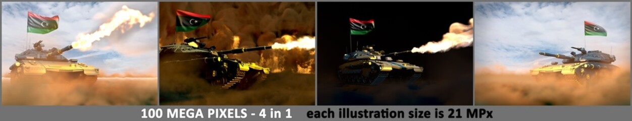 Libya army concept - 4 very high resolution pictures of heavy tank with design that not exists with Libya flag, military 3D Illustration