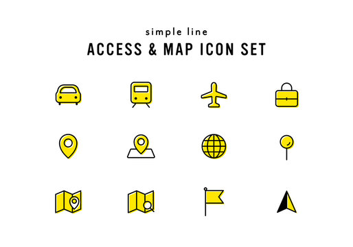 アクセスやマップに関連するアイコンセット　イラスト　地図　位置情報　ナビ　交通機関　目的地　ピン