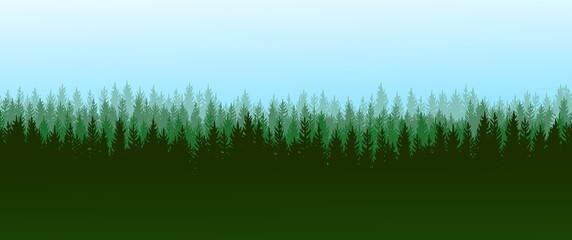 Coniferous forest silhouette. Wild trees. Pine, cedar, spruce, fir, larch. Siberian taiga. Beauty of harsh northern nature. Landscape is horizontal. Illustration vector
