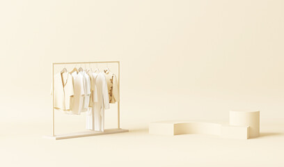 Clothes on grunge background, shelf on cream background. Collection of clothes hanging on a rack in neutral beige colors. 3d rendering, store and bedroom concept
