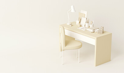 Pastel cream and beige monochrome minimal office table desk. Minimal idea concept for study desk and workspace. Mockup template, 3d rendering
