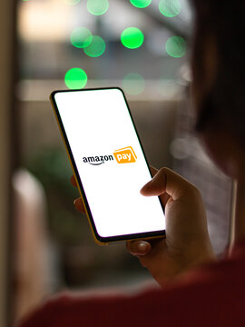 Assam, india - November 15, 2020 : Amazon pay logo on phone screen stock image.