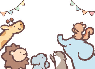 見上げる動物たちと旗のフレーム