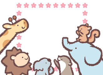 見上げる動物たちとサクラの花フレーム