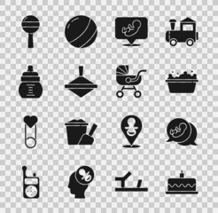 Set Cake with burning candles, Baby, bathtub, Whirligig toy, bottle, Rattle baby and stroller icon. Vector