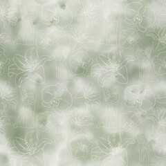 Seamless watercolor background with contour illustrations of newlyweds and flowers, green watercolor