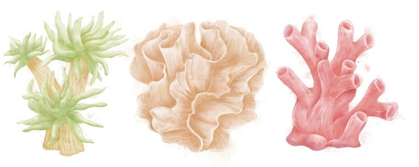 Watercolor decorative illustrations of algae and corals, green, beige and red on a white background