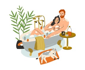 Love couple relaxing in bathtub with foam. Young happy man and woman taking bath together. Romantic lovers resting in tub in home bathroom. Flat vector illustration isolated on white background