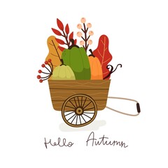  Hello autumn. cartoon pumpkins, cart, decorative elements. Season, nature theme. colorful vector illustration, flat style. design for cards, t-shirt print, poster